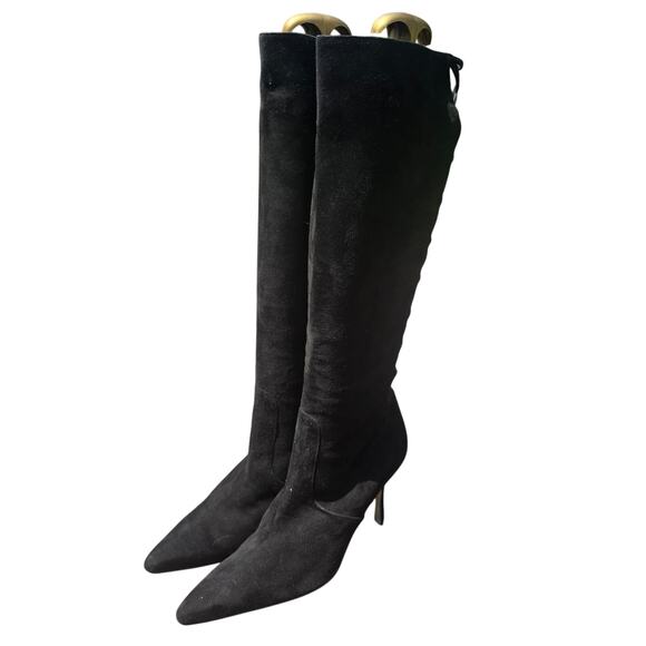 Black Y2K Pointed Toe Manolo Blahnik Suede Knee high boots with cut outs sz 39.5 - Picture 1 of 10